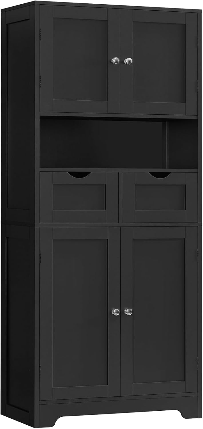 Iwell Storage Cabinet with 2 Drawers & Adjustable Shelves, Rattan Cabinet, Kitchen Pantry Cabinets, Cupboard for Living Room, Kitchen, Home Office, Natural SNG008NR