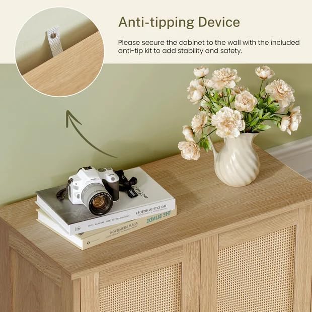 Iwell Storage Cabinet, Rattan Cabinet with Adjustable Shelf, for Living Room, Entryway, Kitchen, Home Office, Nature