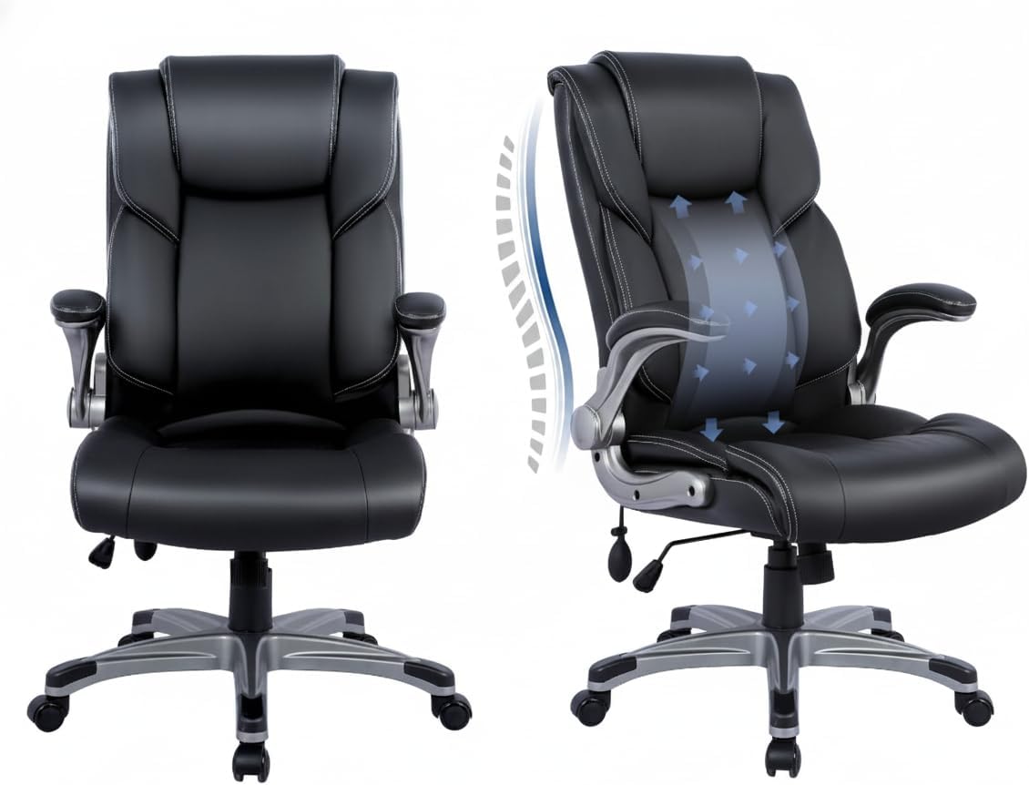 COLAMY High Back Executive Office Chair- Ergonomic Home Computer Desk Leather Chair with Padded Flip-up Arms, Adjustable Tilt Lock, Swivel Rolling Chair for Adult Working Study-Black