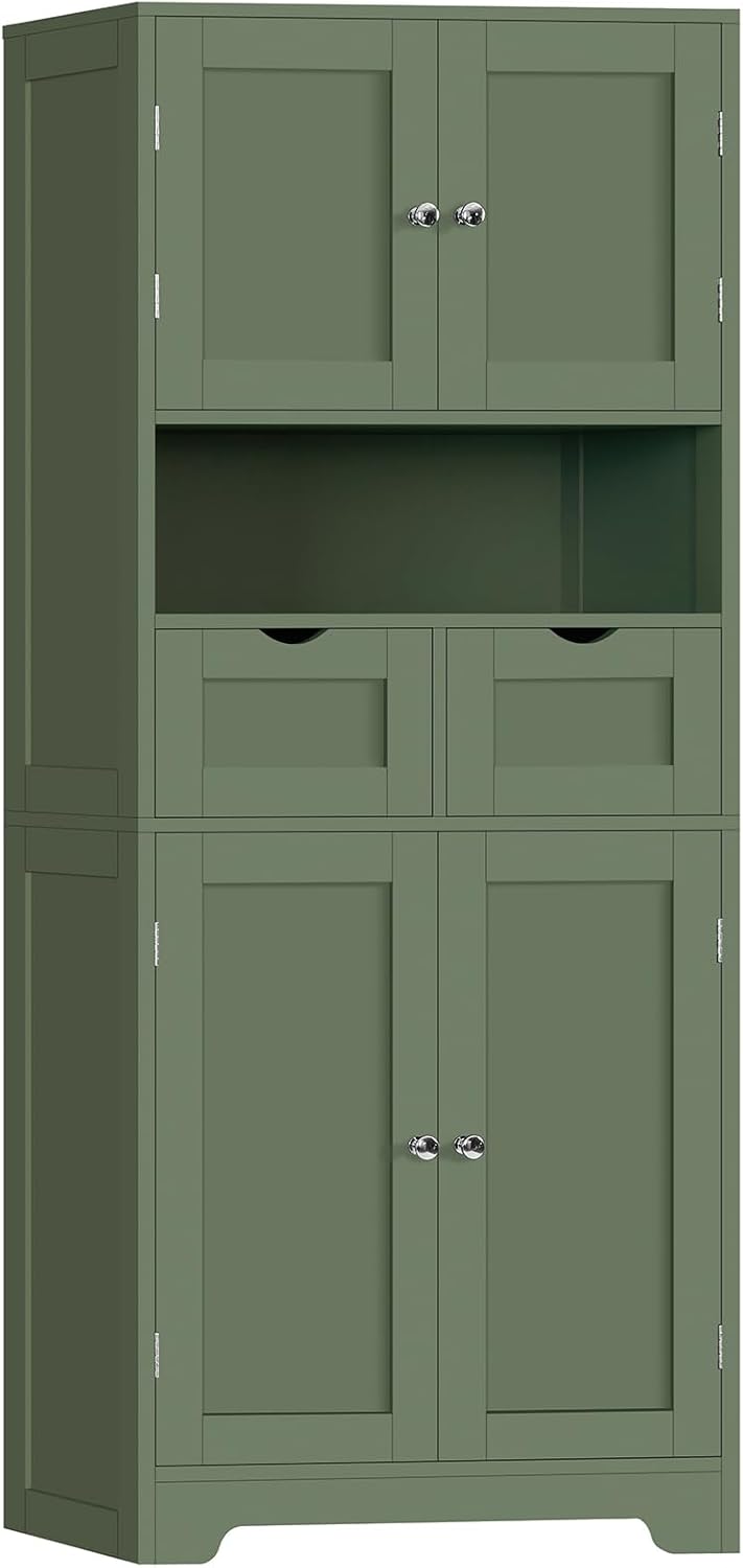 Iwell Storage Cabinet with 2 Drawers & Adjustable Shelves, Rattan Cabinet, Kitchen Pantry Cabinets, Cupboard for Living Room, Kitchen, Home Office, Natural SNG008NR