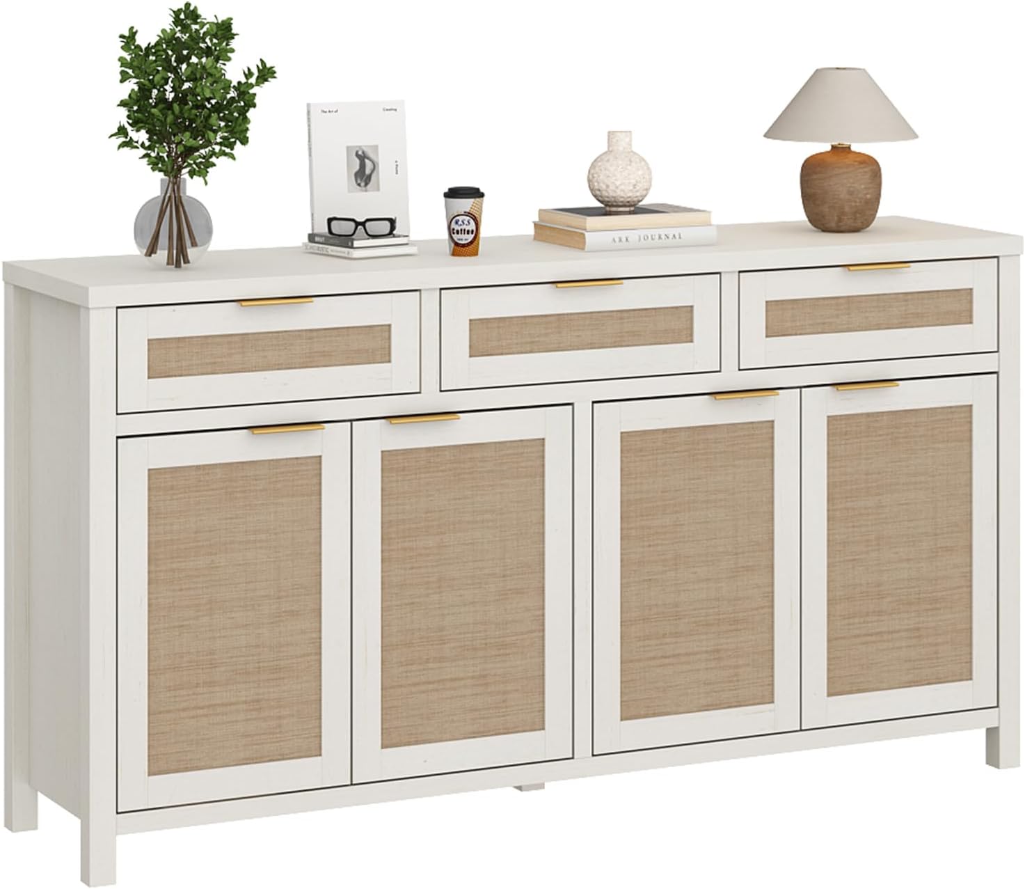 HOKYHOKY Rattan Sideboard Buffet Cabinet, Boho Storage Cabinet with Adjustable Shelves, Farmhouse Credenza Coffee Bar Cabinets with 4 Doors & 3 Drawers for Living Room, Hallway & Kitchen