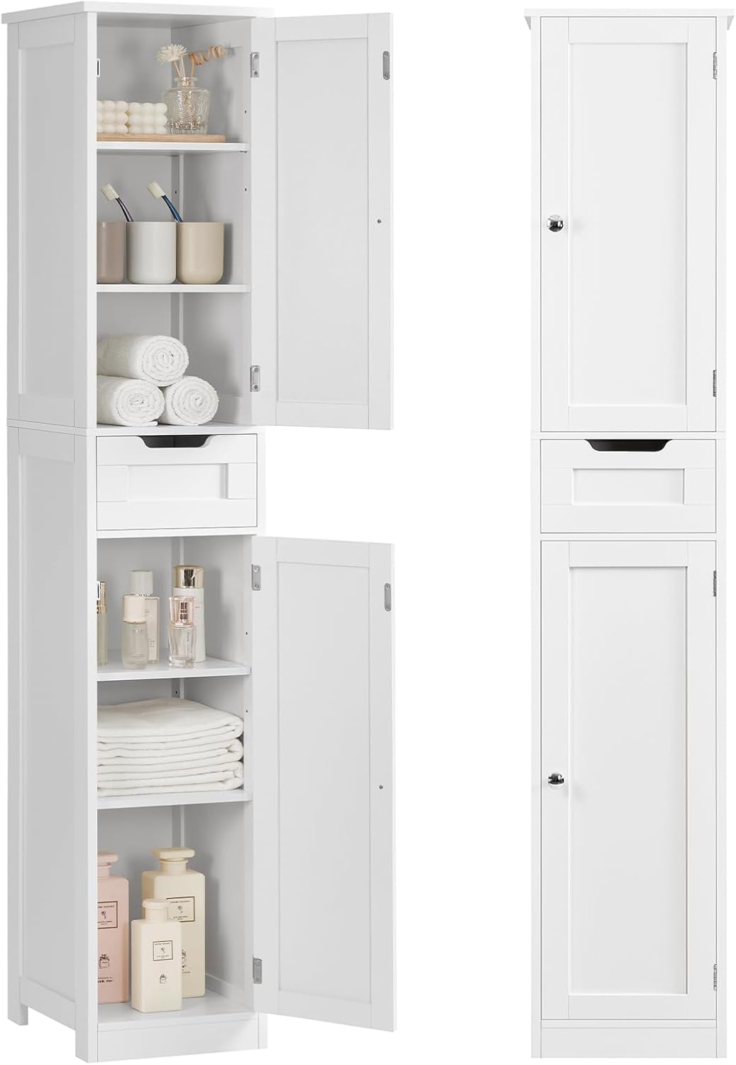 Iwell Tall Narrow Storage Cabinet with Doors, Rattan Cabinet with Adjustable Shelves, Freestanding Linen Storage for Living Room, Entryway, Kitchen, Bathroom, Natural