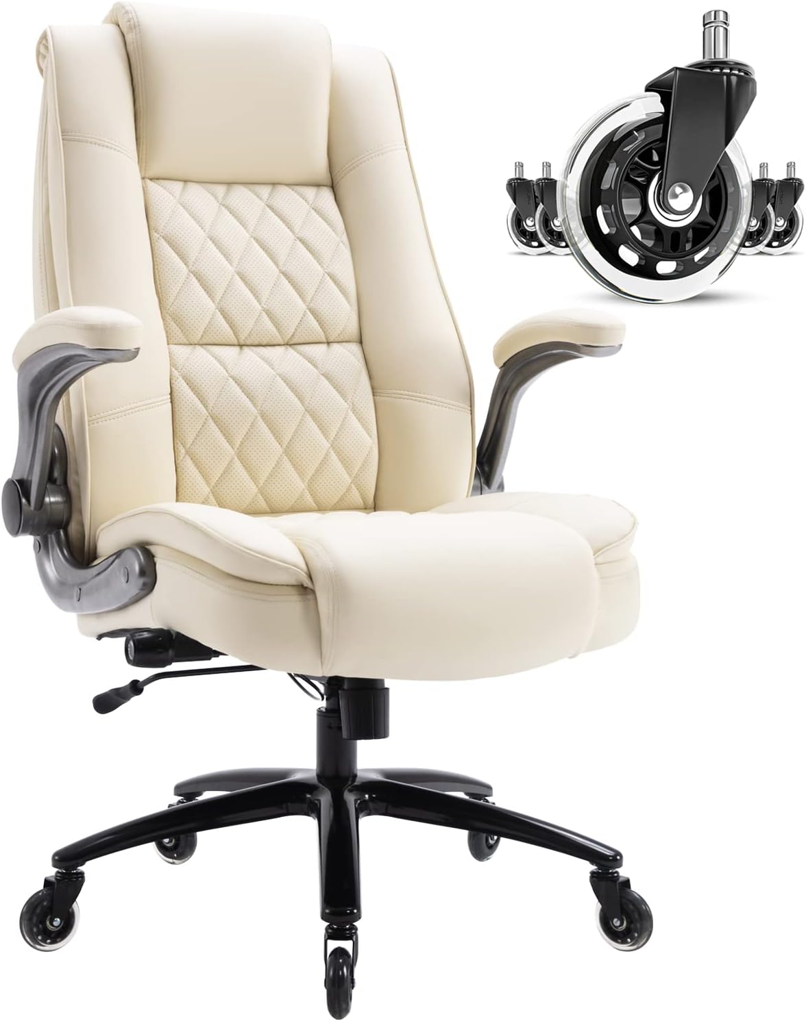High Back Office Chair- Flip Arms Adjustable Built-in Lumbar Support, Executive Computer Desk Chair Work Chairs, Thick Padded Strong Metal Base Quiet Wheels, Ergonomic Design for Back Pain