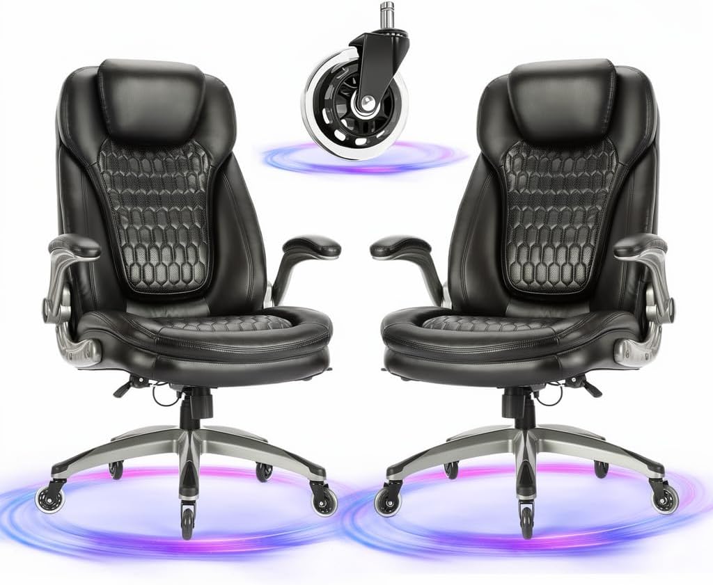 Executive Office Chair-Ergonomic Computer Desk Chair, High Back Leather Chair with Padded Flip-up Arms, Swivel Home Office Chair Upgraded Caster-Black