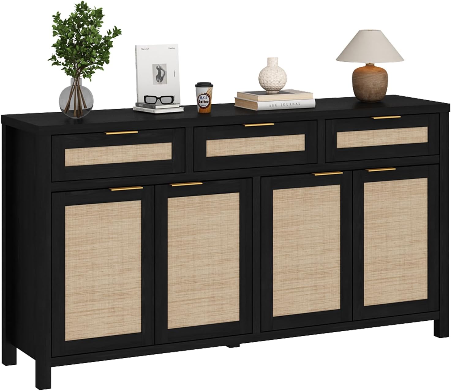 HOKYHOKY Rattan Sideboard Buffet Cabinet, Boho Storage Cabinet with Adjustable Shelves, Farmhouse Credenza Coffee Bar Cabinets with 4 Doors & 3 Drawers for Living Room, Hallway & Kitchen