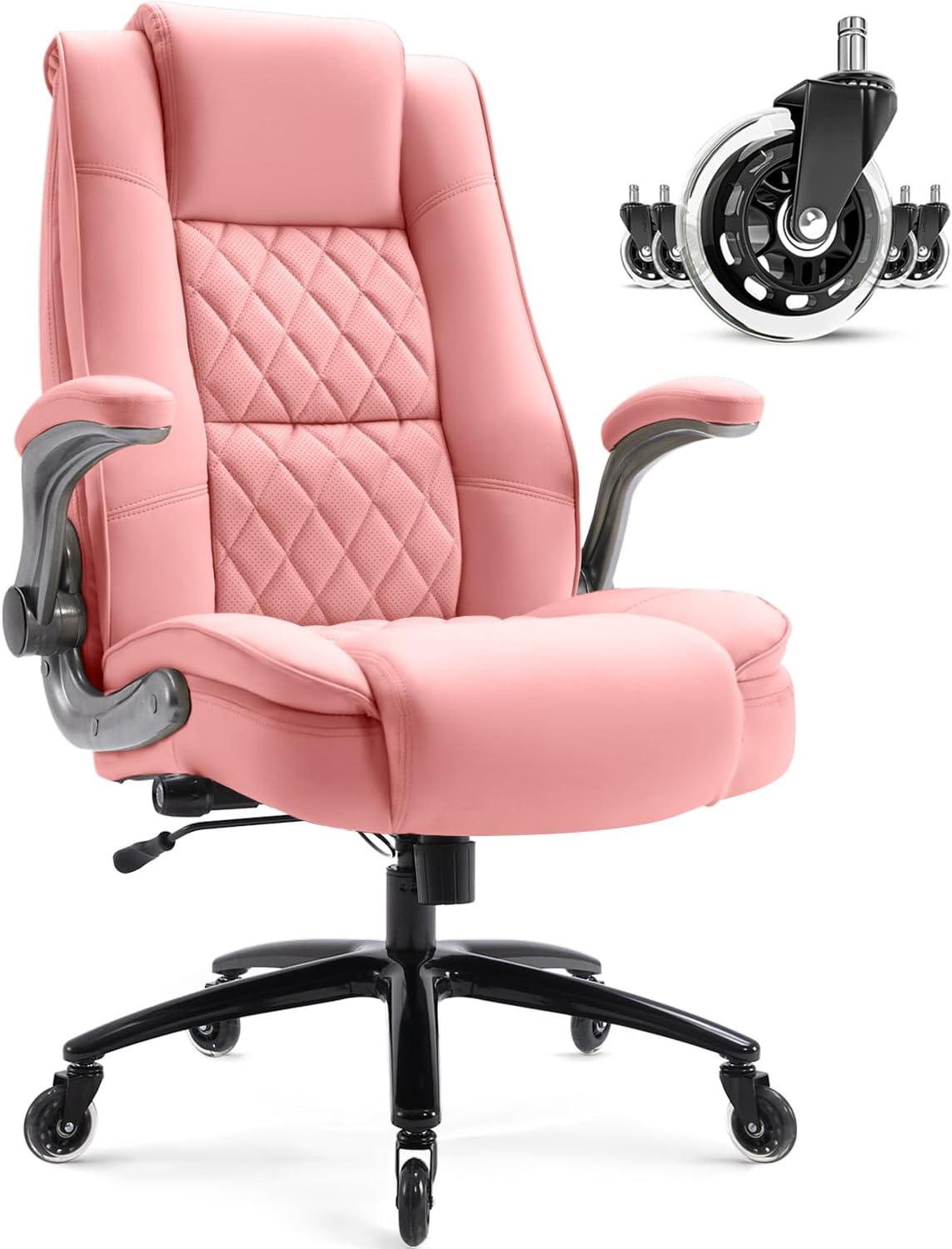 High Back Office Chair- Flip Arms Adjustable Built-in Lumbar Support, Executive Computer Desk Chair Work Chairs, Thick Padded Strong Metal Base Quiet Wheels, Ergonomic Design for Back Pain