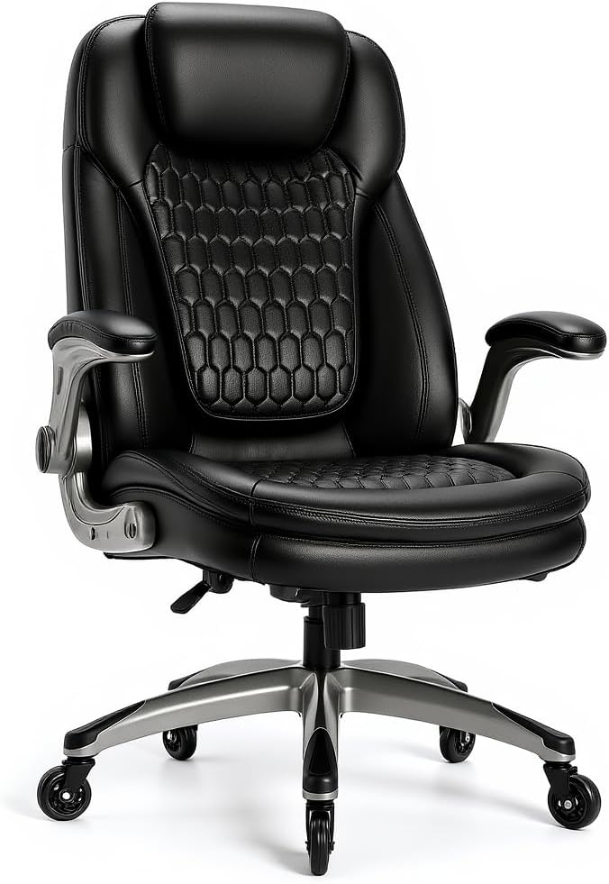 Executive Office Chair-Ergonomic Computer Desk Chair, High Back Leather Chair with Padded Flip-up Arms, Swivel Home Office Chair Upgraded Caster-Black
