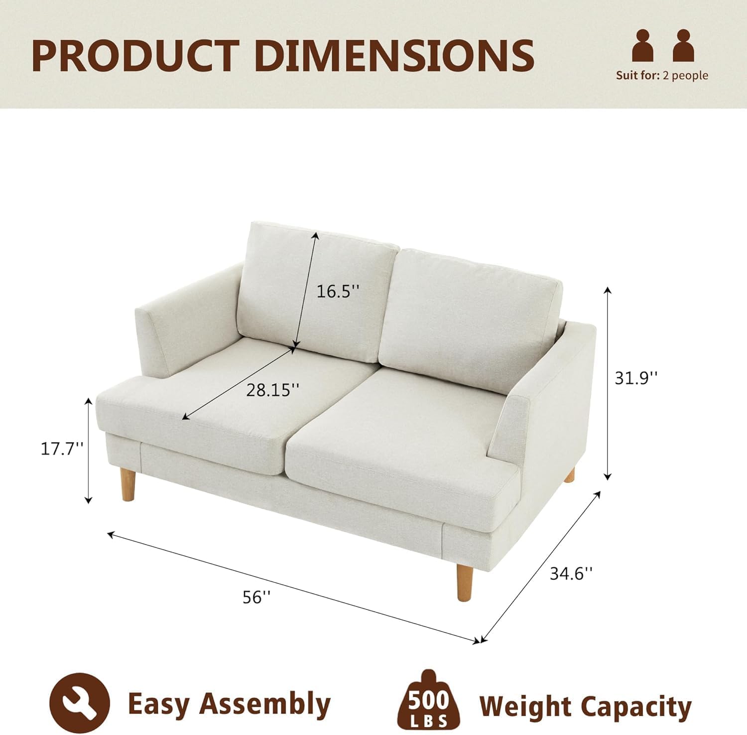 Busaurus Loveseat Sofa 56", Small Couches for Small Spaces, Mid Century Love Seat Couches for Living Room, Upholstered 2-Seater Couch for Bedroom, Apartment, Beige