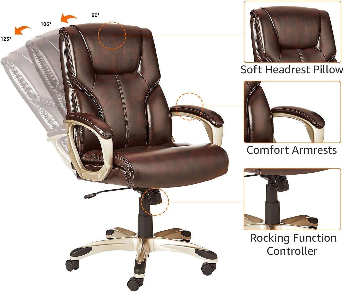 Amazon Basics Executive High Back Office Desk Chair, Adjustable Height, Tilt, Swivel, One Size, Brown/Gold