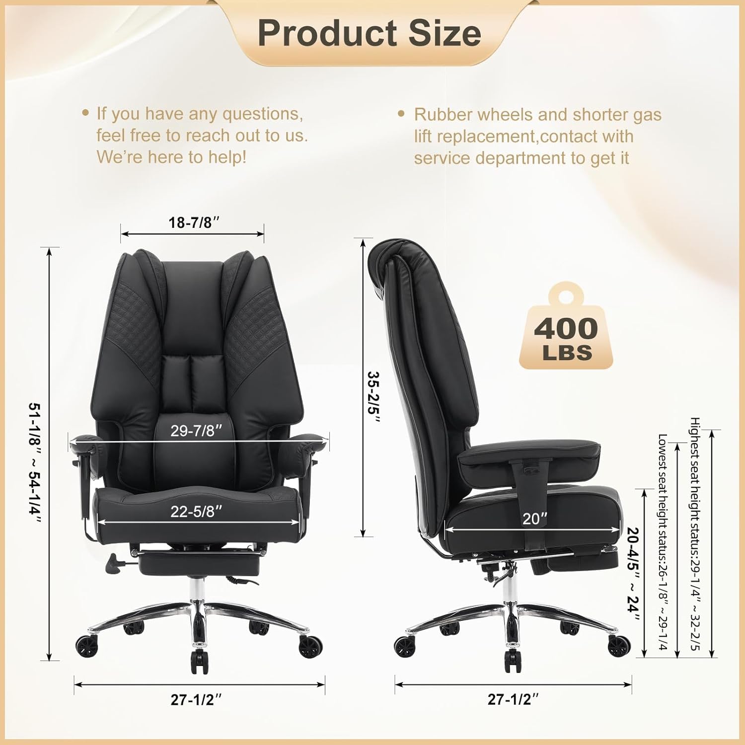 EXCEBET Big and Tall Office Chair 400lbs Wide Seat, Leather High Back Executive Office Chair with Foot Rest, Ergonomic Chairs Lumbar Support for Lower Back Pain Relief (Black)