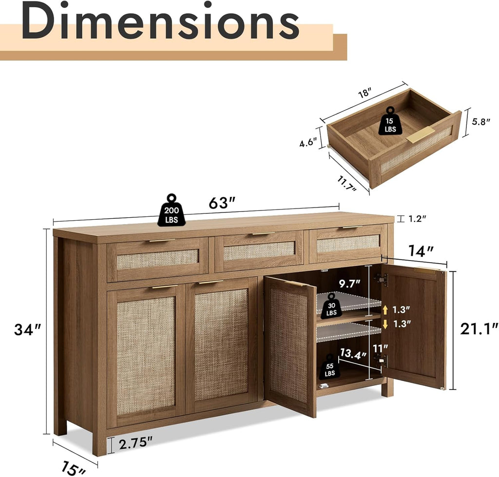 HOKYHOKY Rattan Sideboard Buffet Cabinet, Boho Storage Cabinet with Adjustable Shelves, Farmhouse Credenza Coffee Bar Cabinets with 4 Doors & 3 Drawers for Living Room, Hallway & Kitchen