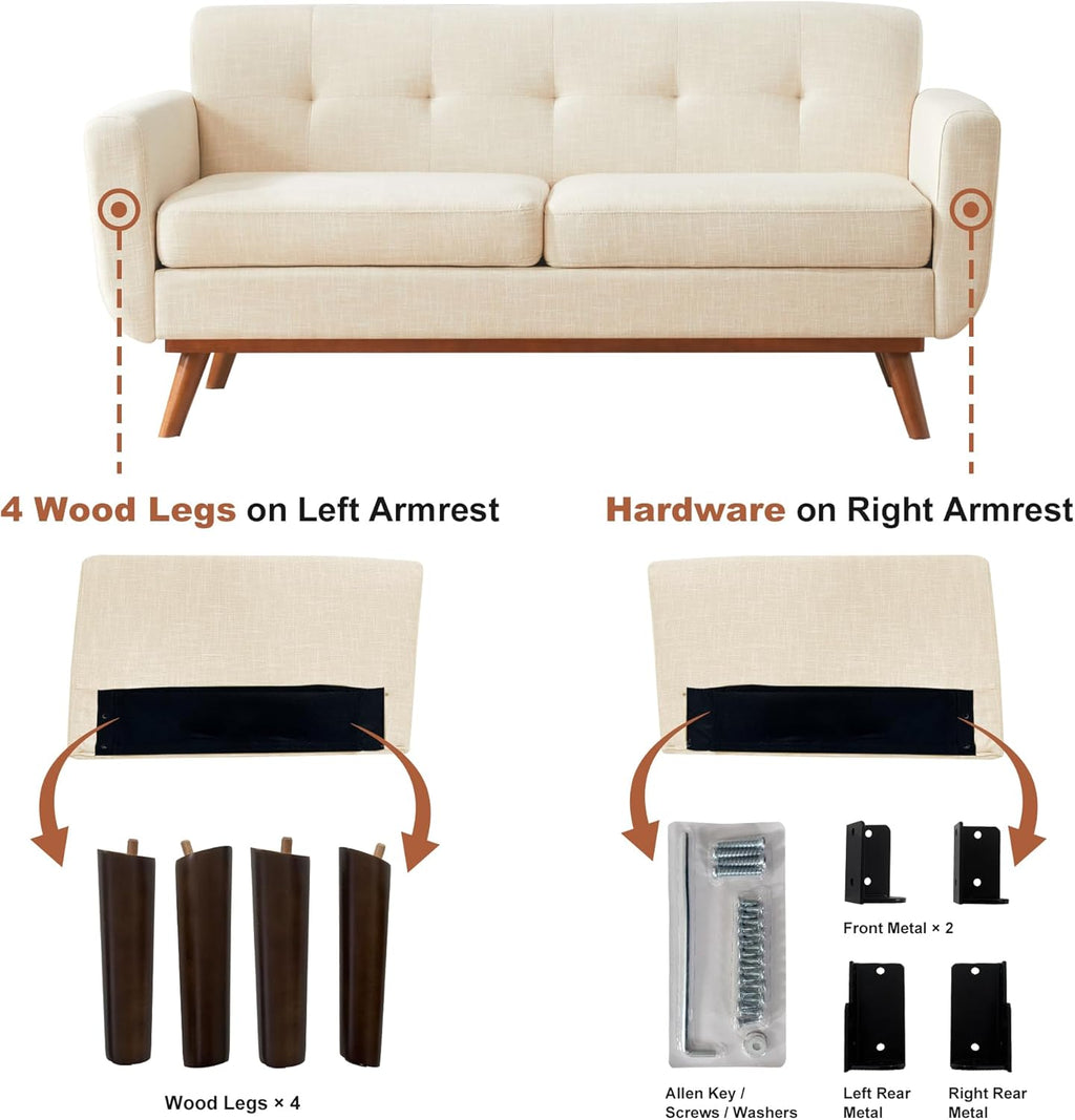 Kingfun 65.2" W Loveseat Sofa, Mid Century Modern Decor Love Seat Couches for Living Room, Button Tufted Upholstered Furniture, Solid & Easy to Install Small Couch for Bedroom Office Apartment, Beige | linen fabric, button tufted, solid wood foot, pocket