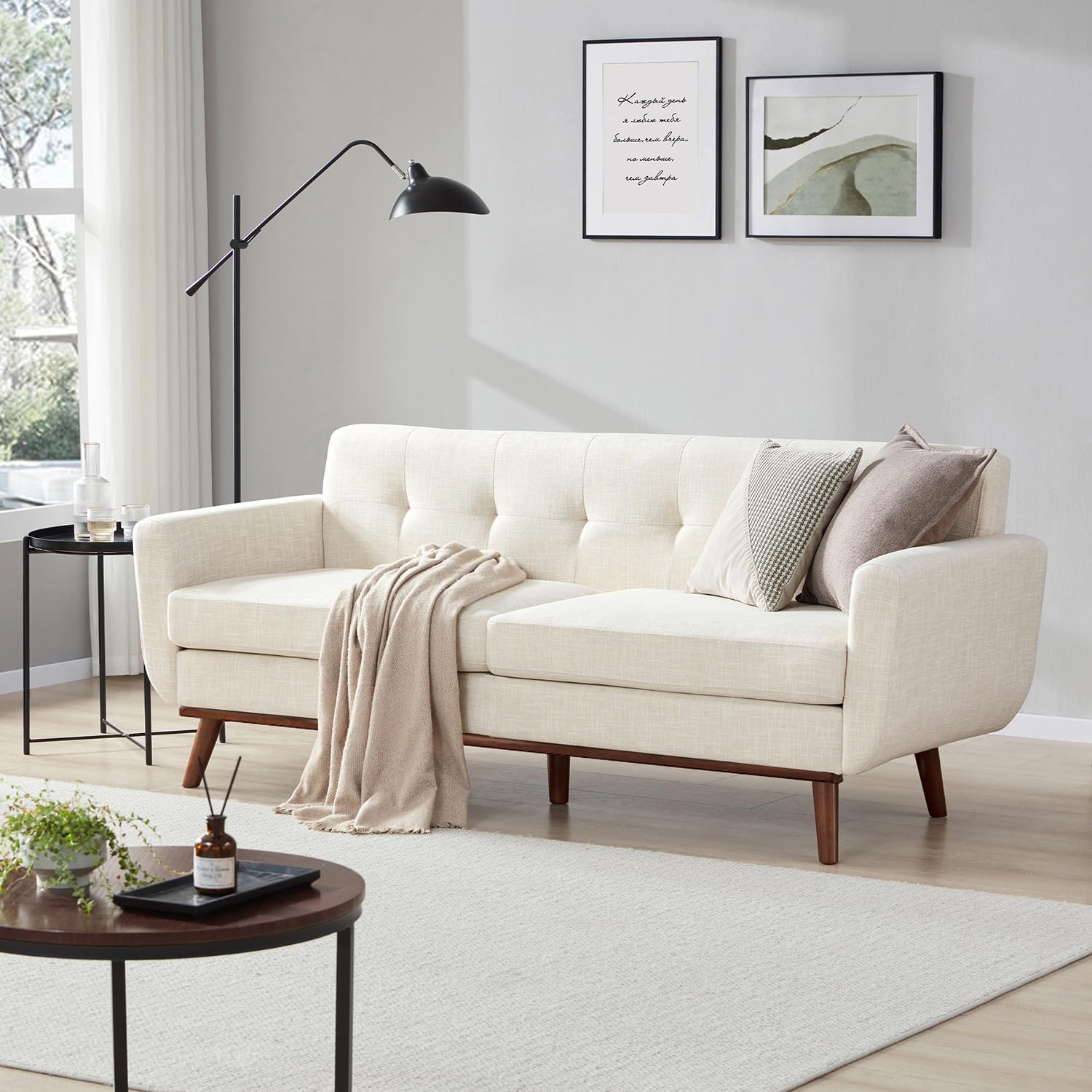 Kingfun 65.2" W Loveseat Sofa, Mid Century Modern Decor Love Seat Couches for Living Room, Button Tufted Upholstered Furniture, Solid & Easy to Install Small Couch for Bedroom Office Apartment, Beige | linen fabric, button tufted, solid wood foot, pocket