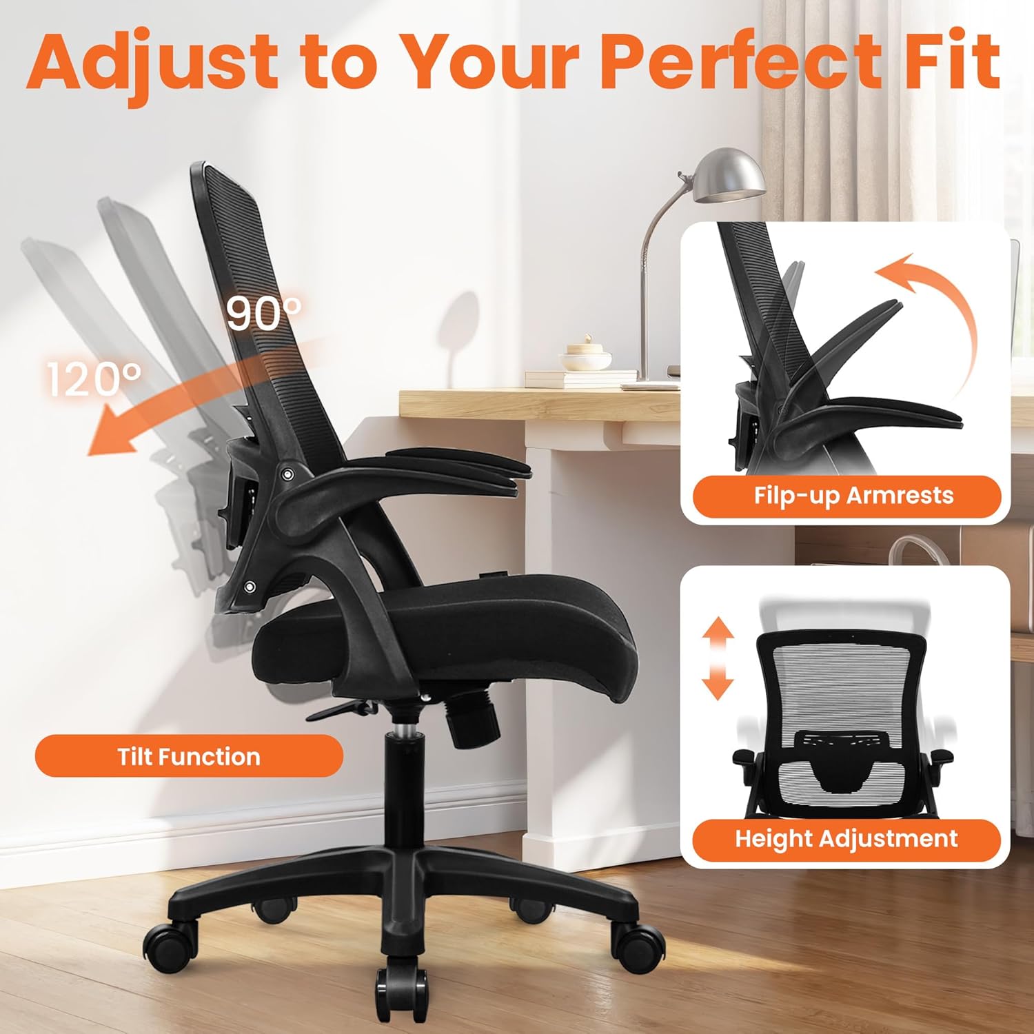 NEO CHAIR Office Desk Chair Computer High Back Mesh Gaming Seat with Ergonomic Adjustable Comfy Flip-up Armrests Lumbar Support Height for Home (Black)