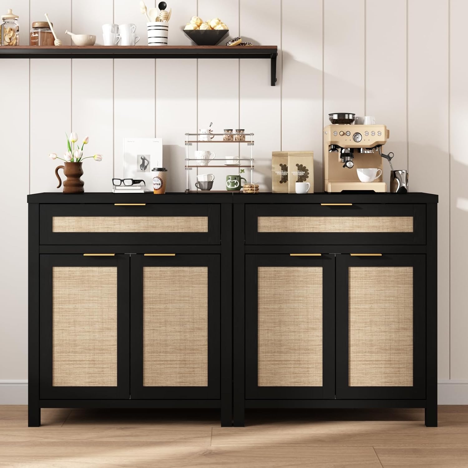 HOKYHOKY Rattan Sideboard Buffet Cabinet, Boho Storage Cabinet with Adjustable Shelves, Farmhouse Credenza Coffee Bar Cabinets with 4 Doors & 3 Drawers for Living Room, Hallway & Kitchen