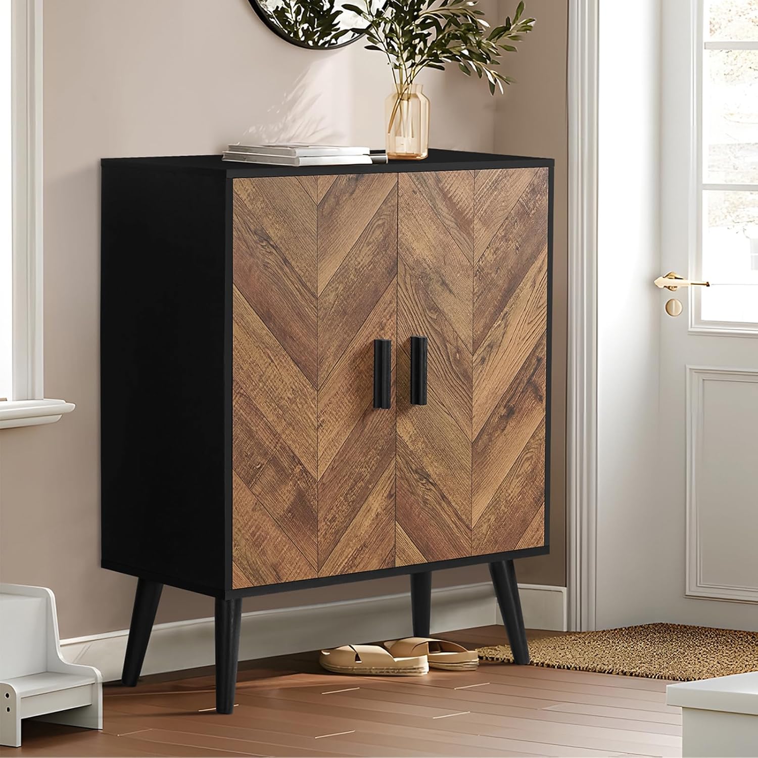 Iwell Storage Cabinet, Rattan Cabinet with Adjustable Shelf, for Living Room, Entryway, Kitchen, Home Office, Nature