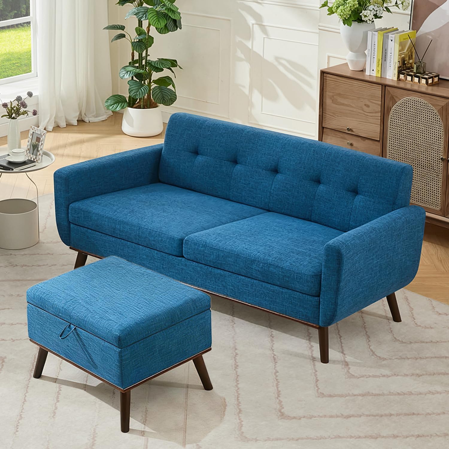 Kingfun 65.2" W Loveseat Sofa, Mid Century Modern Decor Love Seat Couches for Living Room, Button Tufted Upholstered Furniture, Solid & Easy to Install Small Couch for Bedroom Office Apartment, Beige | linen fabric, button tufted, solid wood foot, pocket