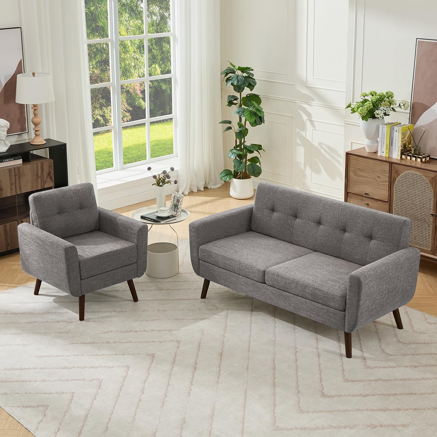 Tbfit 65" W Loveseat Sofa, Mid Century Modern Decor Love Seat Couches for Living Room, Button Tufted Upholstered Small Couch for Bedroom, Solid and Easy to Install Love Seats Furniture, Beige | linen fabric, button tufted, solid wood foot, pocket spring,