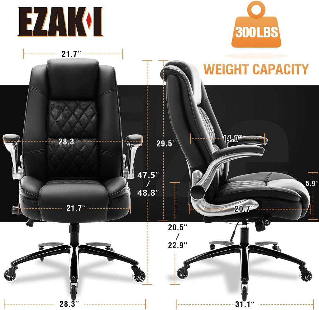High Back Office Chair- Flip Arms Adjustable Built-in Lumbar Support, Executive Computer Desk Chair Work Chairs, Thick Padded Strong Metal Base Quiet Wheels, Ergonomic Design for Back Pain
