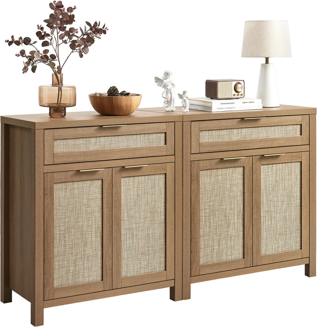 HOKYHOKY Rattan Sideboard Buffet Cabinet, Boho Storage Cabinet with Adjustable Shelves, Farmhouse Credenza Coffee Bar Cabinets with 4 Doors & 3 Drawers for Living Room, Hallway & Kitchen