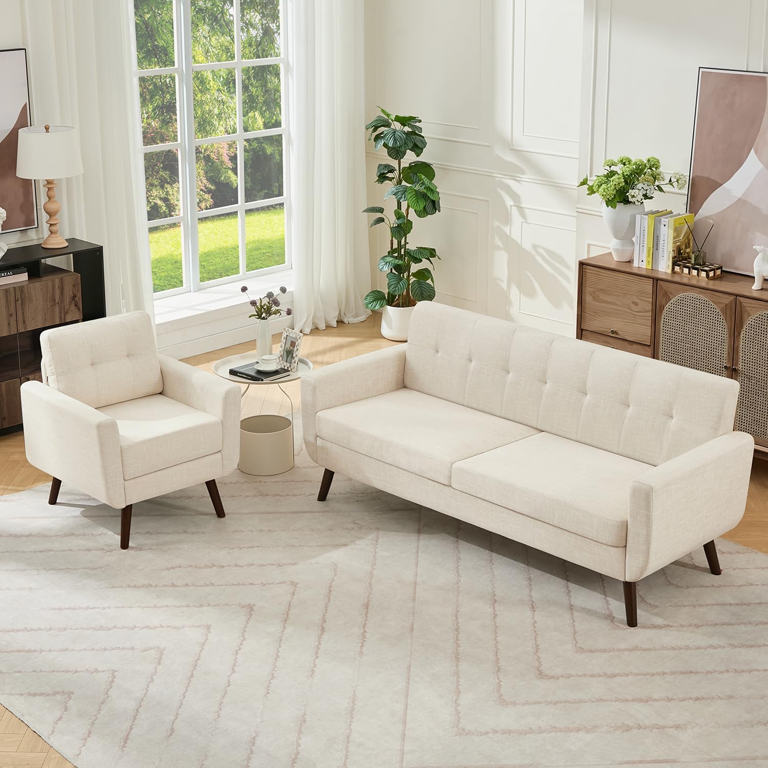 Tbfit 65" W Loveseat Sofa, Mid Century Modern Decor Love Seat Couches for Living Room, Button Tufted Upholstered Small Couch for Bedroom, Solid and Easy to Install Love Seats Furniture, Beige | linen fabric, button tufted, solid wood foot, pocket spring,