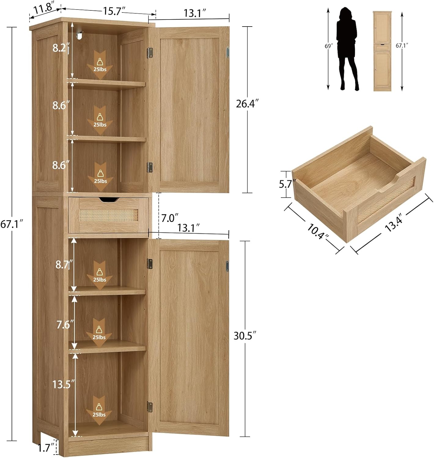 Iwell Tall Narrow Storage Cabinet with Doors, Rattan Cabinet with Adjustable Shelves, Freestanding Linen Storage for Living Room, Entryway, Kitchen, Bathroom, Natural