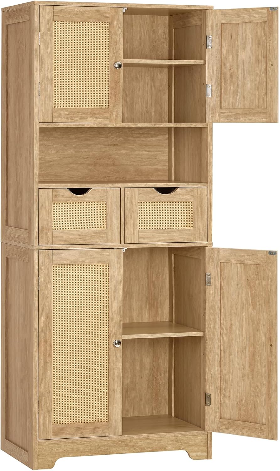 Iwell Storage Cabinet with 2 Drawers & Adjustable Shelves, Rattan Cabinet, Kitchen Pantry Cabinets, Cupboard for Living Room, Kitchen, Home Office, Natural SNG008NR