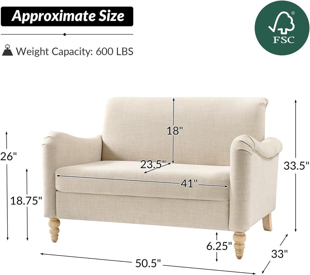 HULALA HOME 50.5" Loveseat Sofa with Solid Wood Spindle Legs, 2 Seater Farmhouse Sofa with Rolled Wide Armrests, Comfy Upholstered Small Couch for Living Room Bedroom, Linen