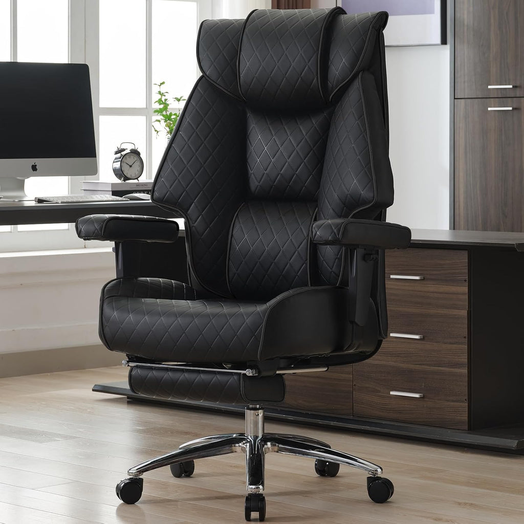 EXCEBET Big and Tall Office Chair 400lbs Wide Seat, Leather High Back Executive Office Chair with Foot Rest, Ergonomic Chairs Lumbar Support for Lower Back Pain Relief (Black)