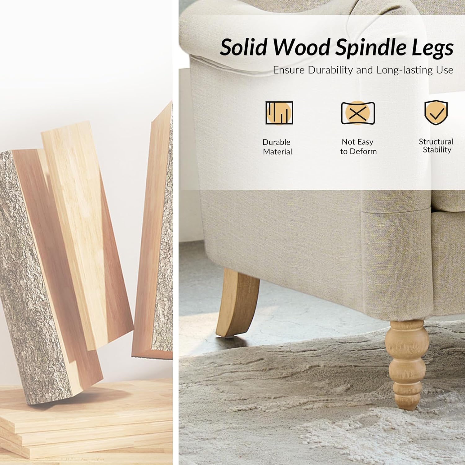 HULALA HOME 50.5" Loveseat Sofa with Solid Wood Spindle Legs, 2 Seater Farmhouse Sofa with Rolled Wide Armrests, Comfy Upholstered Small Couch for Living Room Bedroom, Linen