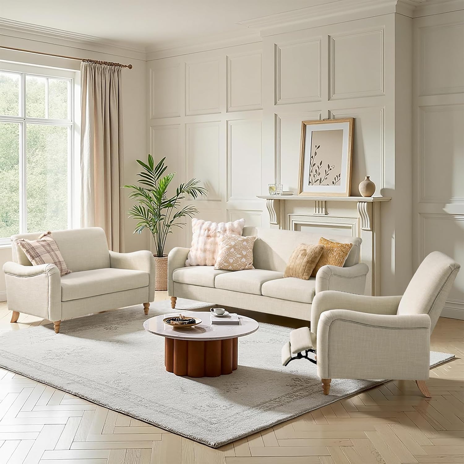 HULALA HOME 50.5" Loveseat Sofa with Solid Wood Spindle Legs, 2 Seater Farmhouse Sofa with Rolled Wide Armrests, Comfy Upholstered Small Couch for Living Room Bedroom, Linen