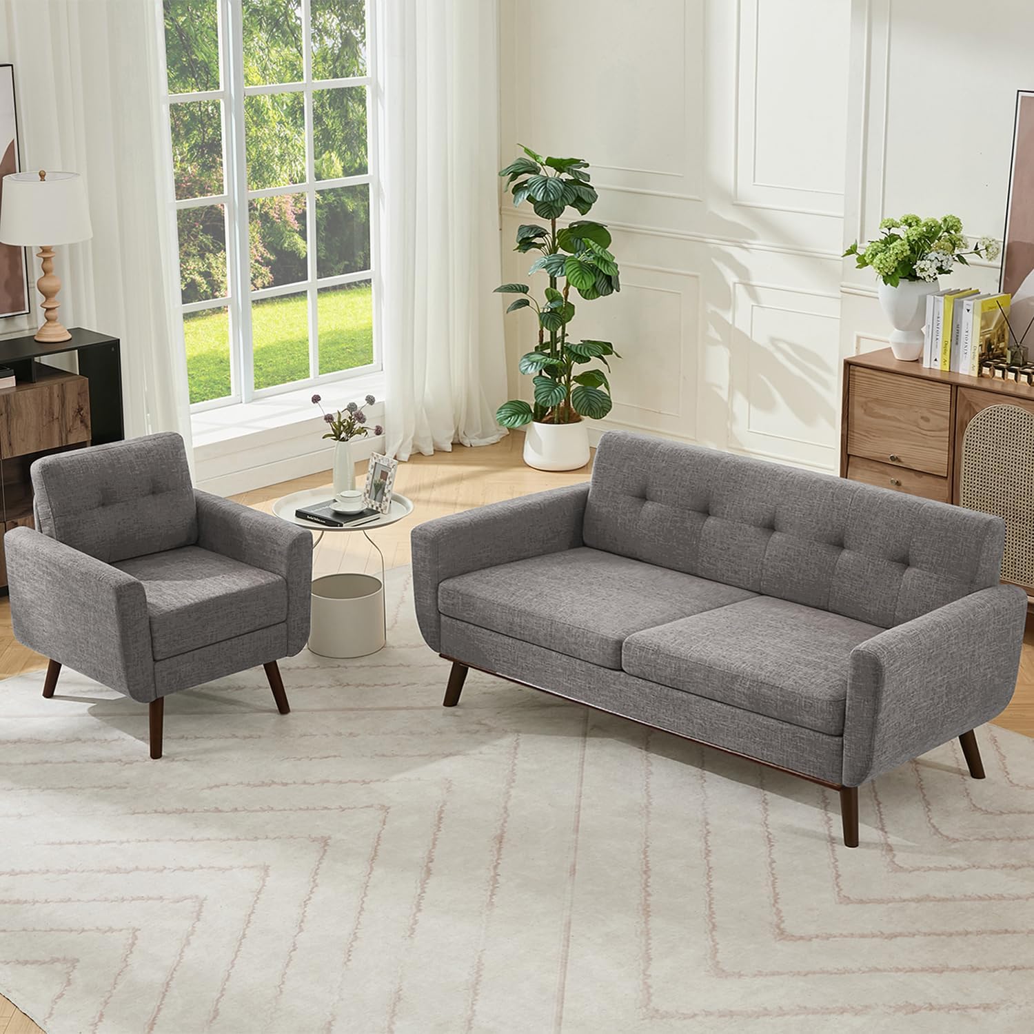 Kingfun 65.2" W Loveseat Sofa, Mid Century Modern Decor Love Seat Couches for Living Room, Button Tufted Upholstered Furniture, Solid & Easy to Install Small Couch for Bedroom Office Apartment, Beige | linen fabric, button tufted, solid wood foot, pocket