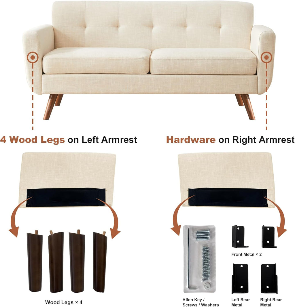 Tbfit 65" W Loveseat Sofa, Mid Century Modern Decor Love Seat Couches for Living Room, Button Tufted Upholstered Small Couch for Bedroom, Solid and Easy to Install Love Seats Furniture, Beige | linen fabric, button tufted, solid wood foot, pocket spring,