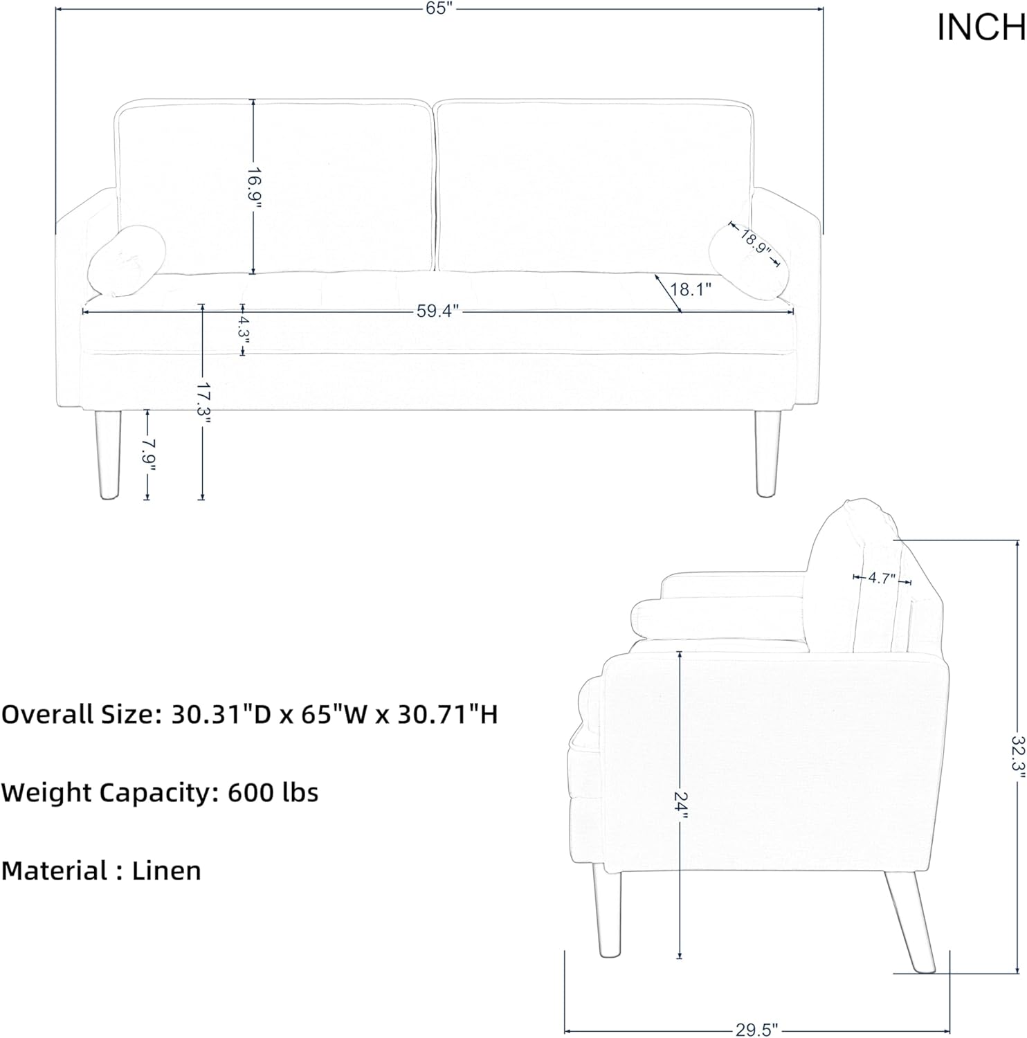 Hdxdkog Linen Loveseat Sofa,Mid Century Modern Small Love Seats Furniture Comfy Couch for Living Room, Upholstered 2 Seater Sofa for Small Apartment (Beige, 66.9 Inch)