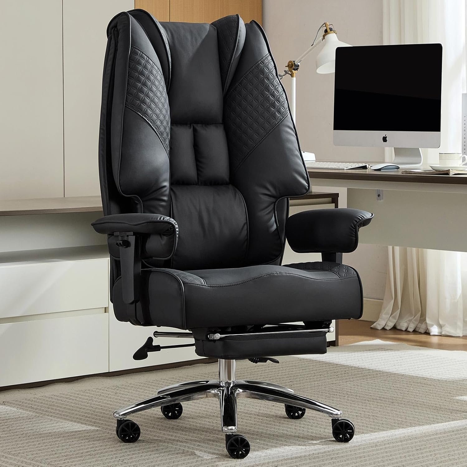 EXCEBET Big and Tall Office Chair 400lbs Wide Seat, Leather High Back Executive Office Chair with Foot Rest, Ergonomic Chairs Lumbar Support for Lower Back Pain Relief (Black)