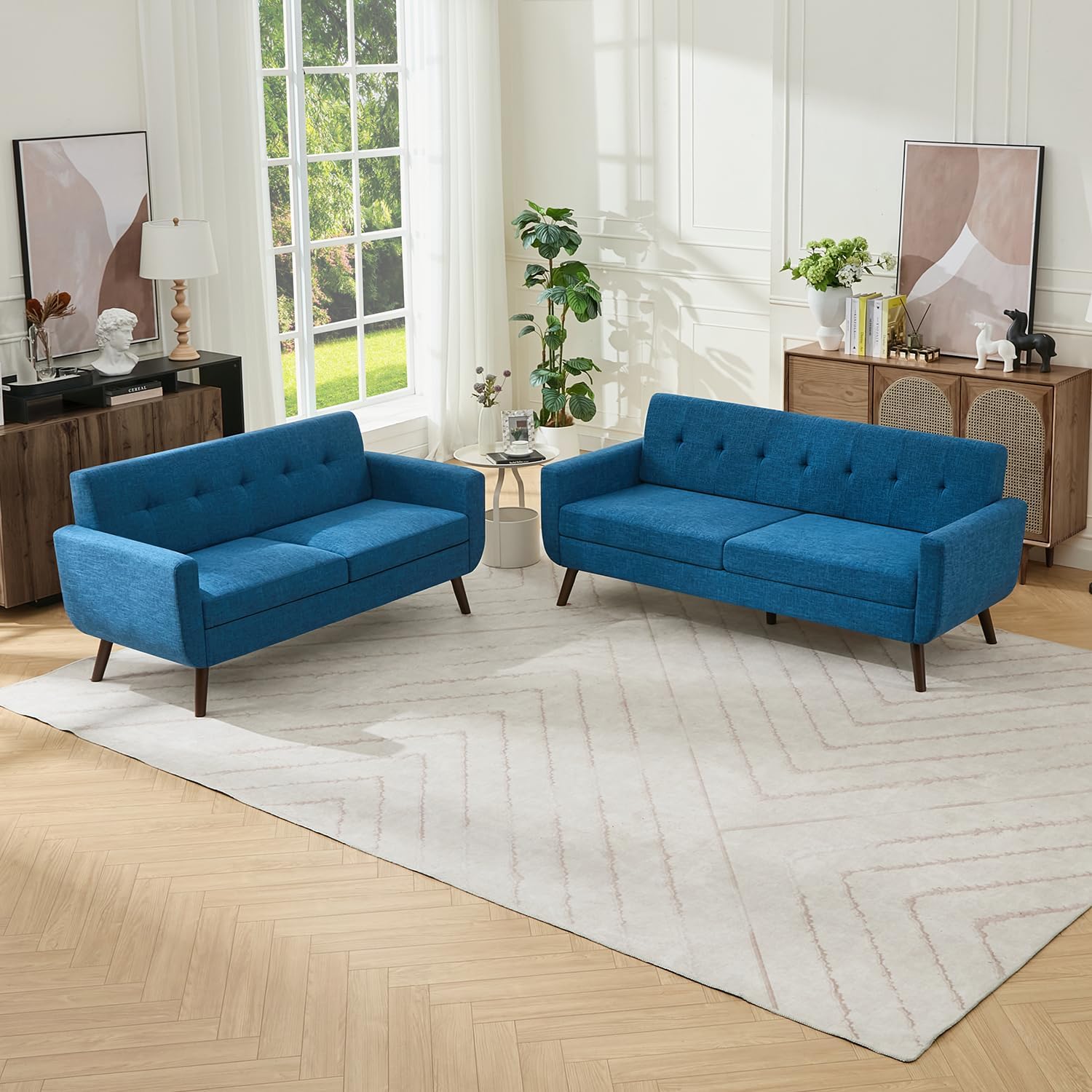 Tbfit 65" W Loveseat Sofa, Mid Century Modern Decor Love Seat Couches for Living Room, Button Tufted Upholstered Small Couch for Bedroom, Solid and Easy to Install Love Seats Furniture, Beige | linen fabric, button tufted, solid wood foot, pocket spring,