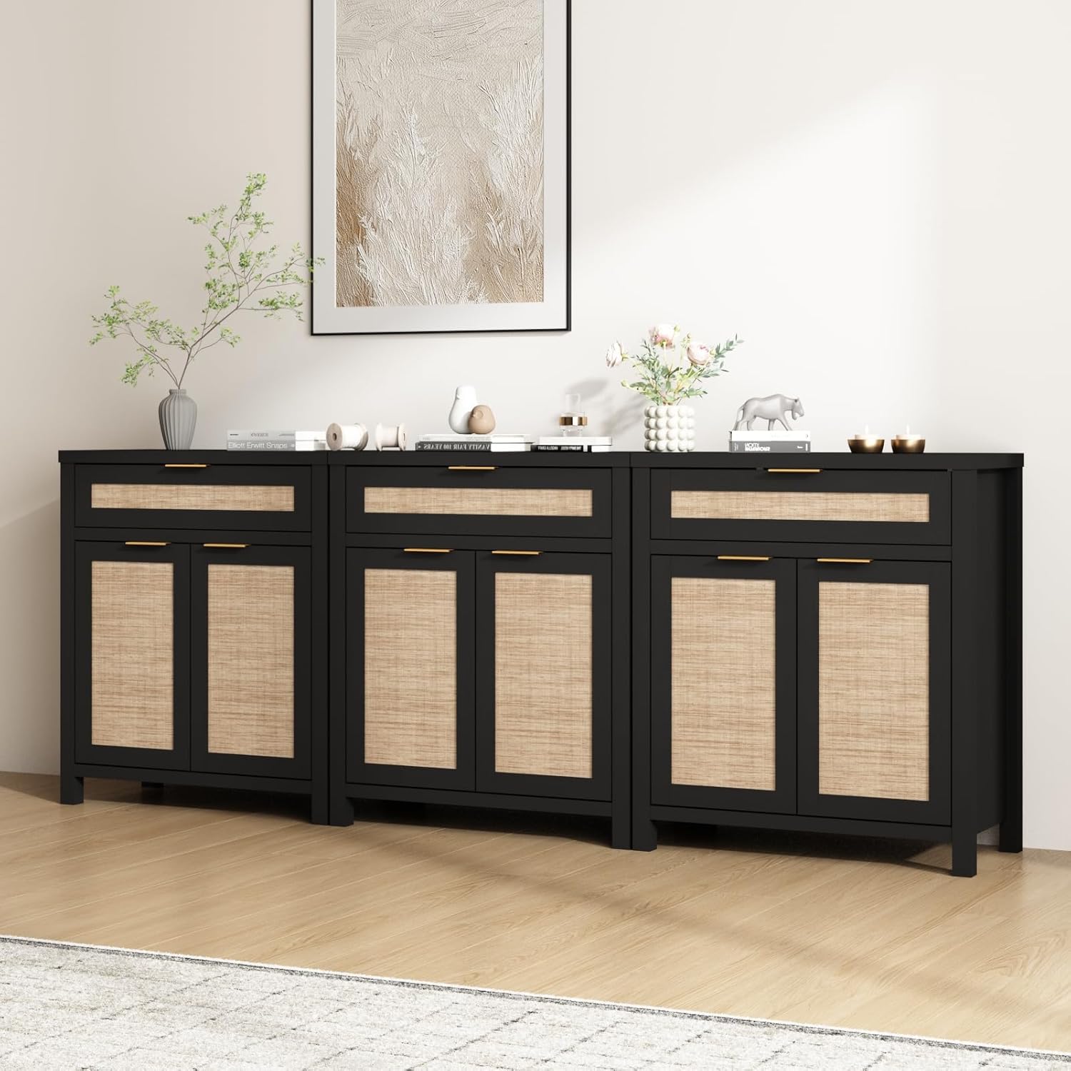 HOKYHOKY Rattan Sideboard Buffet Cabinet, Boho Storage Cabinet with Adjustable Shelves, Farmhouse Credenza Coffee Bar Cabinets with 4 Doors & 3 Drawers for Living Room, Hallway & Kitchen