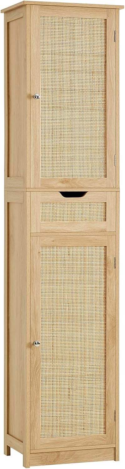 Iwell Tall Narrow Storage Cabinet with Doors, Rattan Cabinet with Adjustable Shelves, Freestanding Linen Storage for Living Room, Entryway, Kitchen, Bathroom, Natural