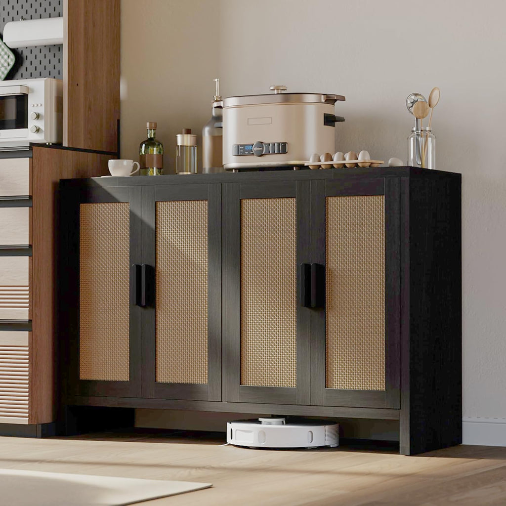 Mericonia Rattan Buffet Cabinet with Storage, Sideboard Cabinet with Doors and Adjustable Shelves, Farmhouse Coffee Bar Station Table, Modern Wood Cupboard for Kitchen, Livingroom and Dining Room