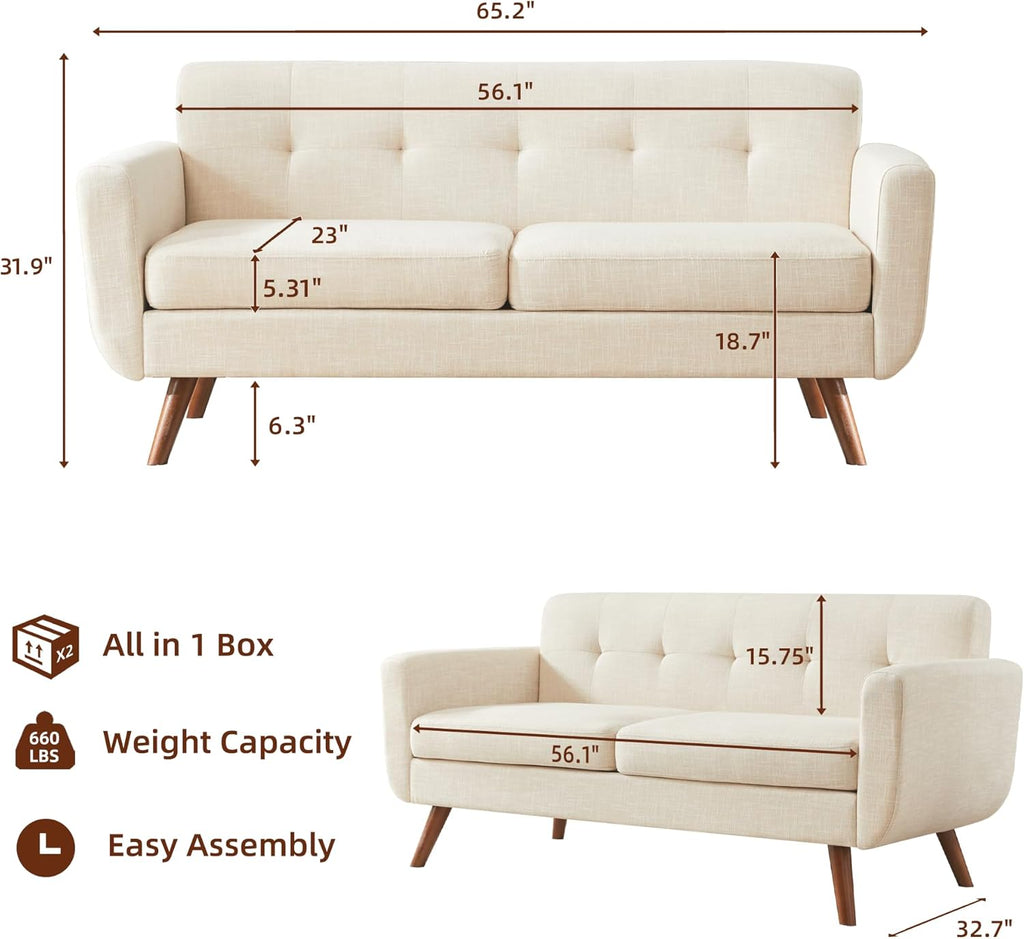 Tbfit 65" W Loveseat Sofa, Mid Century Modern Decor Love Seat Couches for Living Room, Button Tufted Upholstered Small Couch for Bedroom, Solid and Easy to Install Love Seats Furniture, Beige | linen fabric, button tufted, solid wood foot, pocket spring,