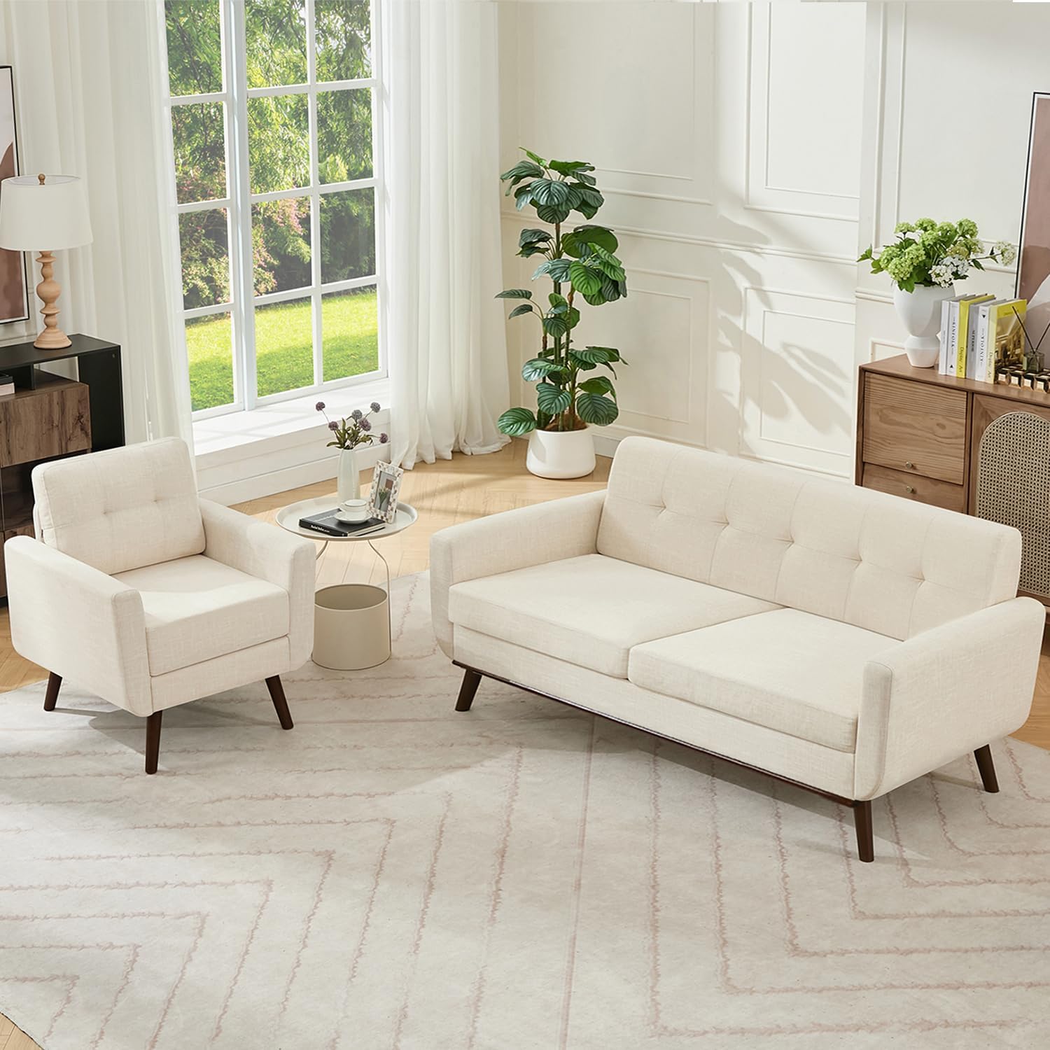 Kingfun 65.2" W Loveseat Sofa, Mid Century Modern Decor Love Seat Couches for Living Room, Button Tufted Upholstered Furniture, Solid & Easy to Install Small Couch for Bedroom Office Apartment, Beige | linen fabric, button tufted, solid wood foot, pocket