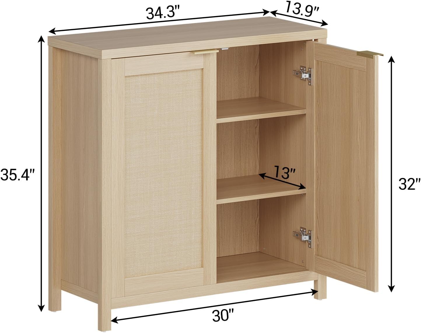 GarveeLife Farmhouse Rattan Buffet Cabinet with Storage & Adjustable Shelves, 34.3" Kitchen Sideboard Console Table for Living Room Dining Room Entryway Light Oak