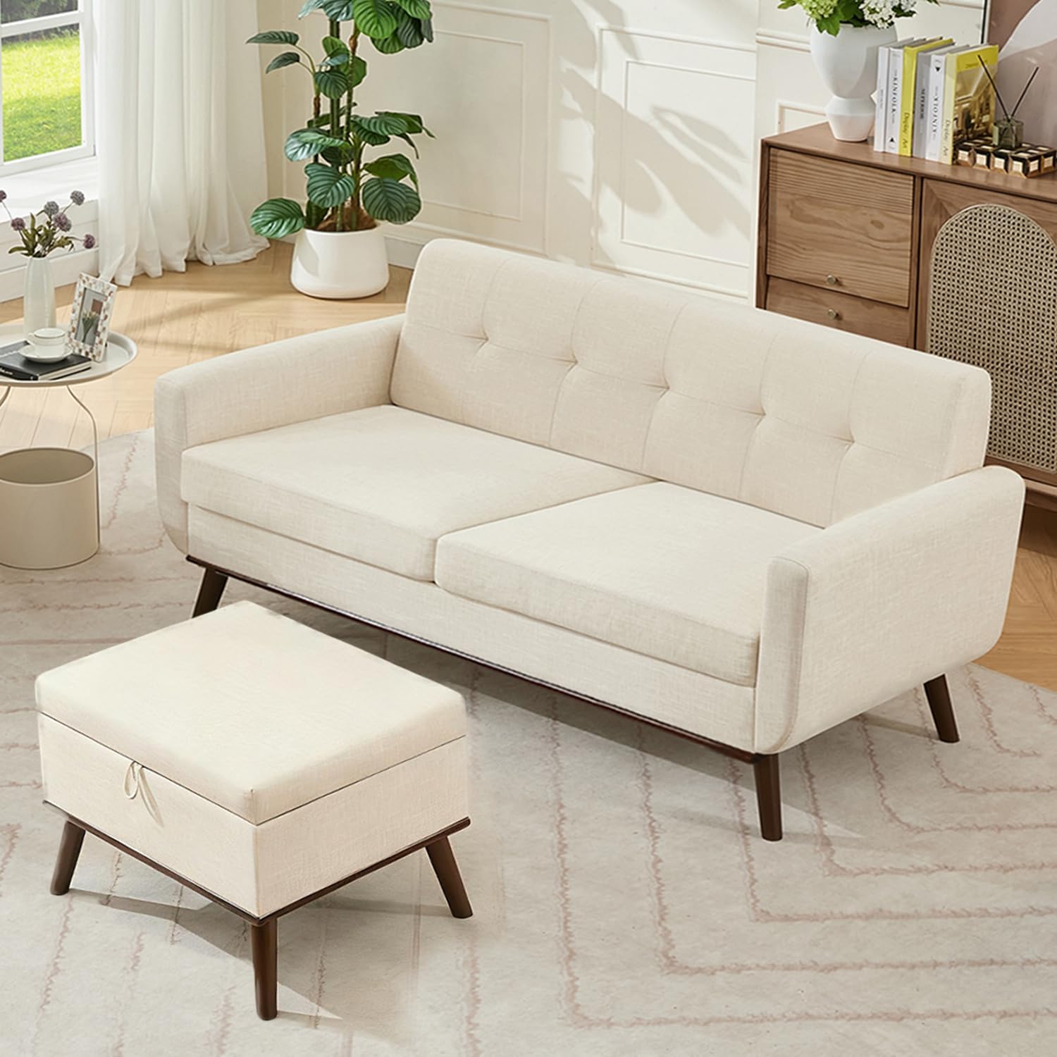 Kingfun 65.2" W Loveseat Sofa, Mid Century Modern Decor Love Seat Couches for Living Room, Button Tufted Upholstered Furniture, Solid & Easy to Install Small Couch for Bedroom Office Apartment, Beige | linen fabric, button tufted, solid wood foot, pocket