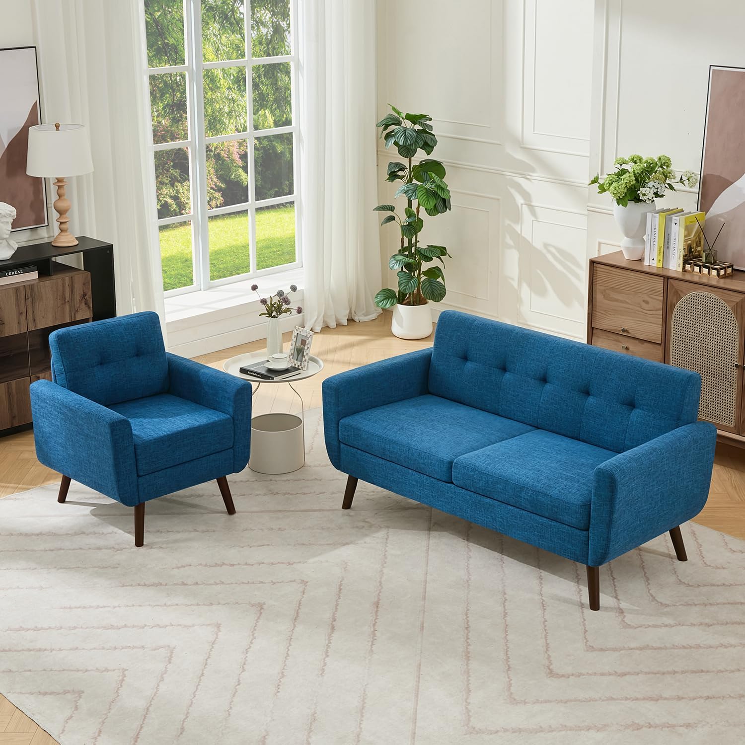 Tbfit 65" W Loveseat Sofa, Mid Century Modern Decor Love Seat Couches for Living Room, Button Tufted Upholstered Small Couch for Bedroom, Solid and Easy to Install Love Seats Furniture, Beige | linen fabric, button tufted, solid wood foot, pocket spring,