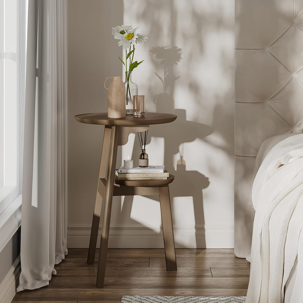 ChooChoo Round End Table for Small Spaces, Narrow Side Table, Accent Table Night Stand with 2 Tier Shelf for Bedroom and Living Room, Walnut