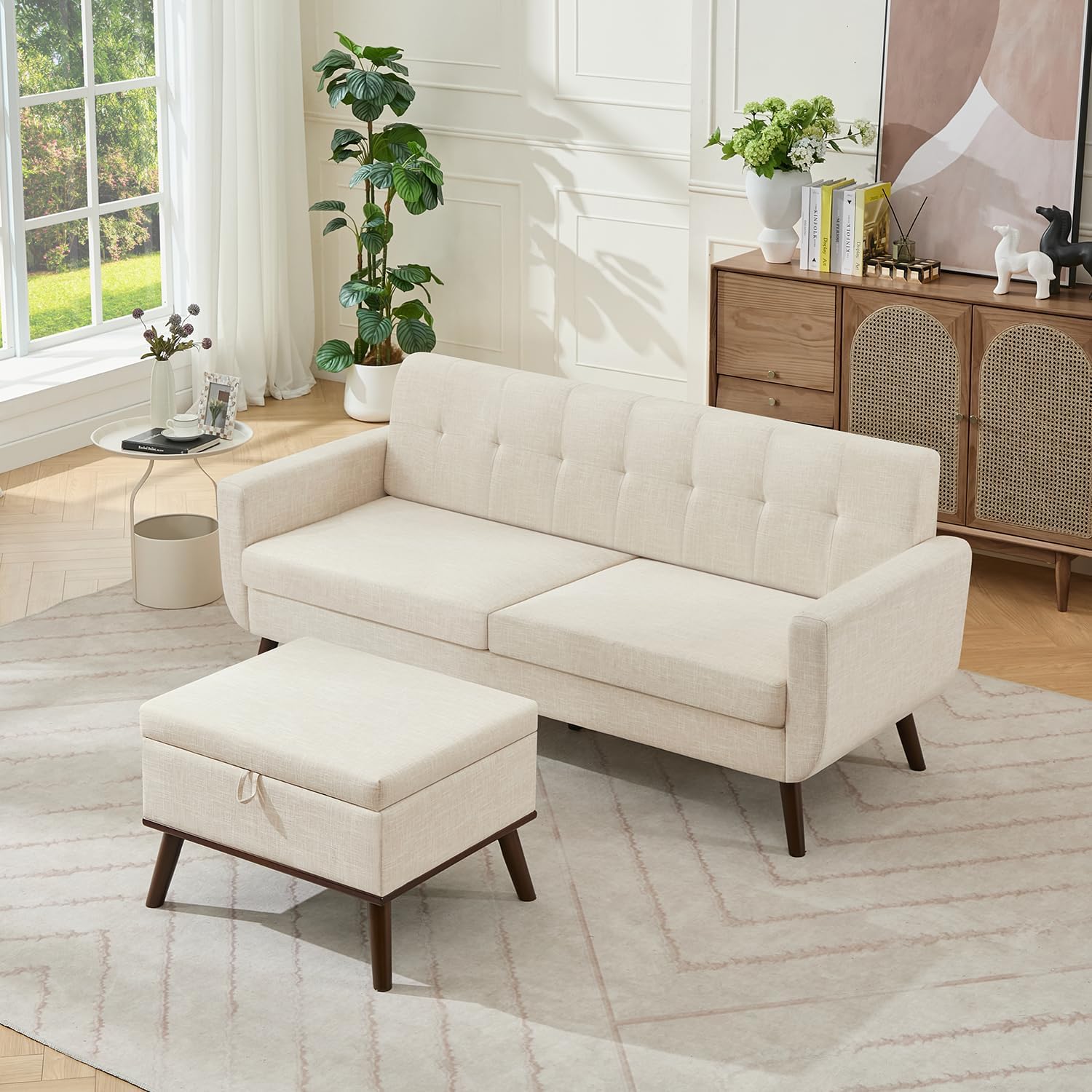 Tbfit 65" W Loveseat Sofa, Mid Century Modern Decor Love Seat Couches for Living Room, Button Tufted Upholstered Small Couch for Bedroom, Solid and Easy to Install Love Seats Furniture, Beige | linen fabric, button tufted, solid wood foot, pocket spring,