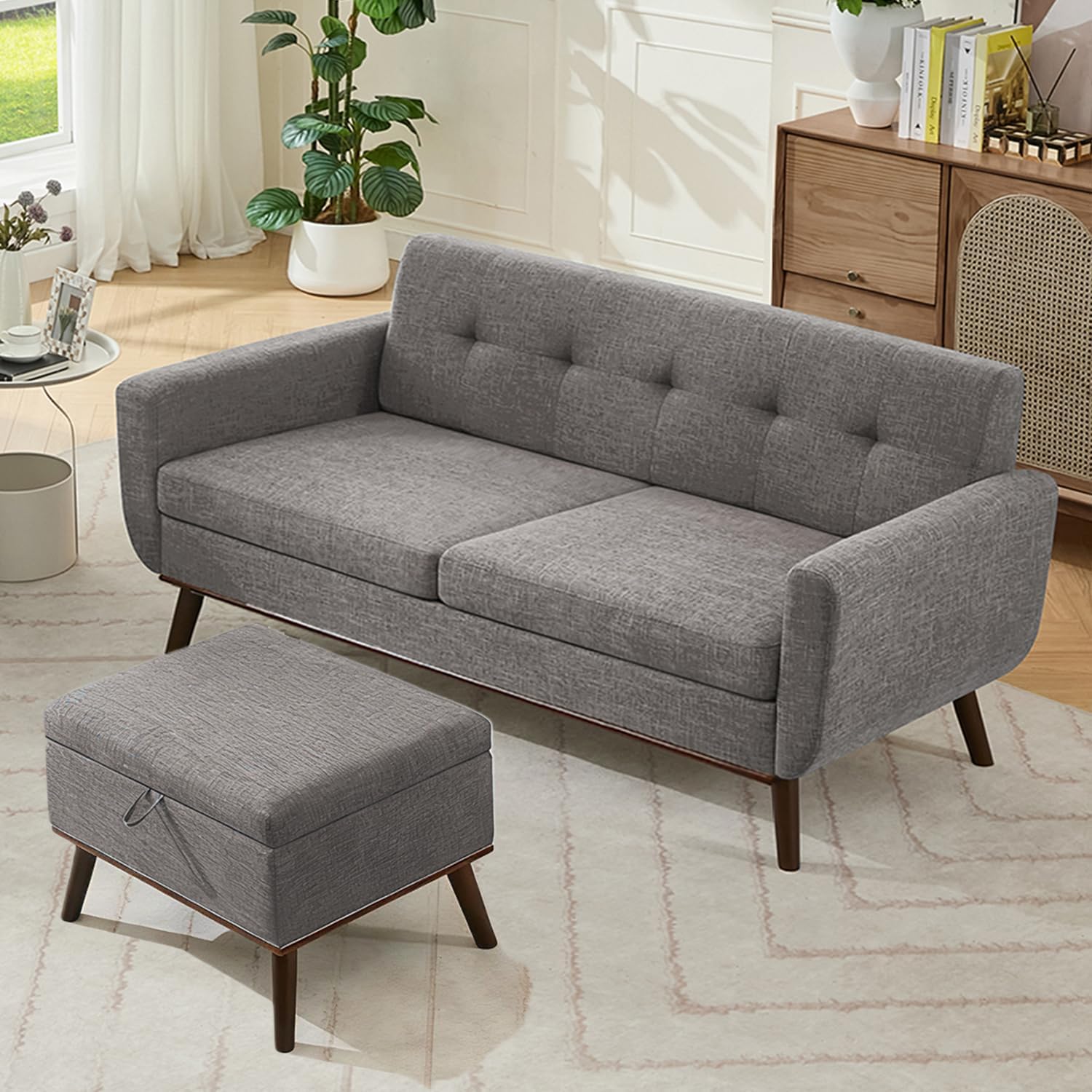 Kingfun 65.2" W Loveseat Sofa, Mid Century Modern Decor Love Seat Couches for Living Room, Button Tufted Upholstered Furniture, Solid & Easy to Install Small Couch for Bedroom Office Apartment, Beige | linen fabric, button tufted, solid wood foot, pocket
