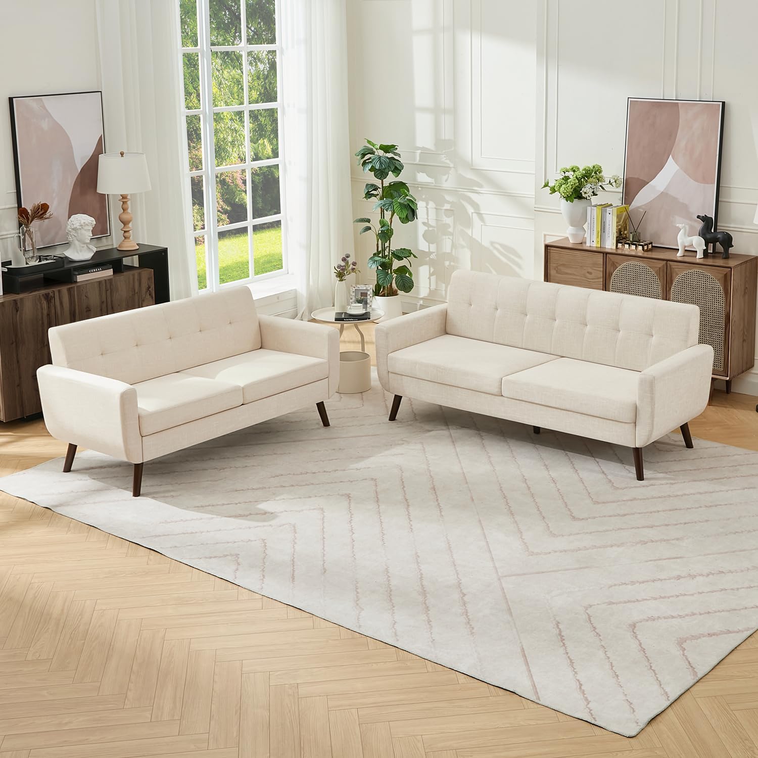 Tbfit 65" W Loveseat Sofa, Mid Century Modern Decor Love Seat Couches for Living Room, Button Tufted Upholstered Small Couch for Bedroom, Solid and Easy to Install Love Seats Furniture, Beige | linen fabric, button tufted, solid wood foot, pocket spring,