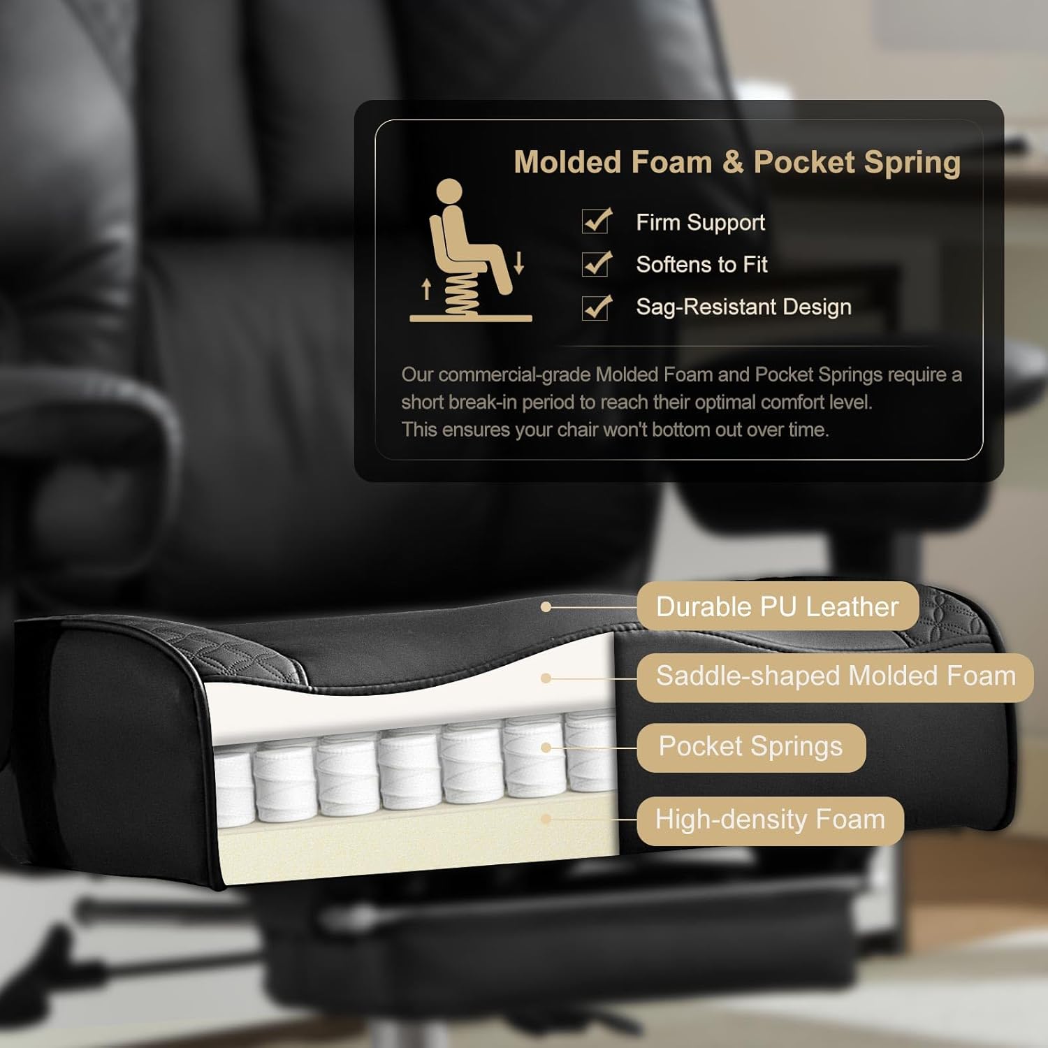 EXCEBET Big and Tall Office Chair 400lbs Wide Seat, Leather High Back Executive Office Chair with Foot Rest, Ergonomic Chairs Lumbar Support for Lower Back Pain Relief (Black)