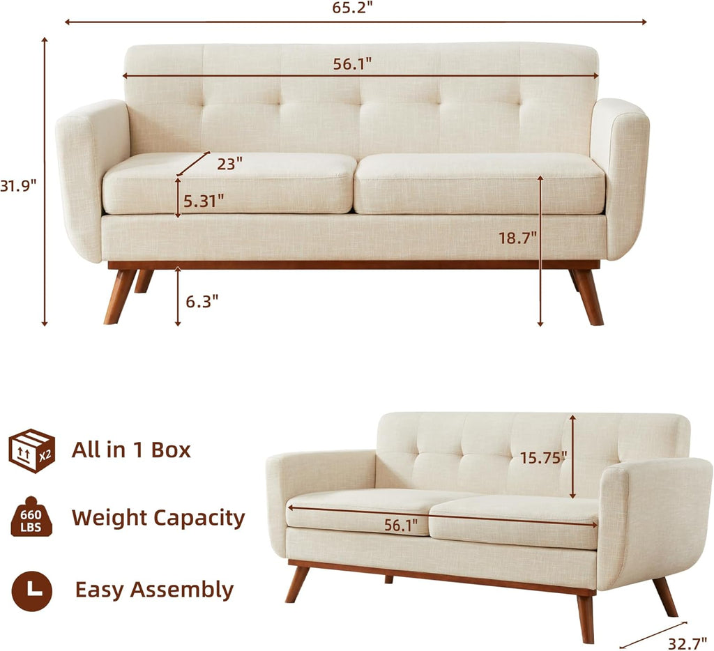 Kingfun 65.2" W Loveseat Sofa, Mid Century Modern Decor Love Seat Couches for Living Room, Button Tufted Upholstered Furniture, Solid & Easy to Install Small Couch for Bedroom Office Apartment, Beige | linen fabric, button tufted, solid wood foot, pocket